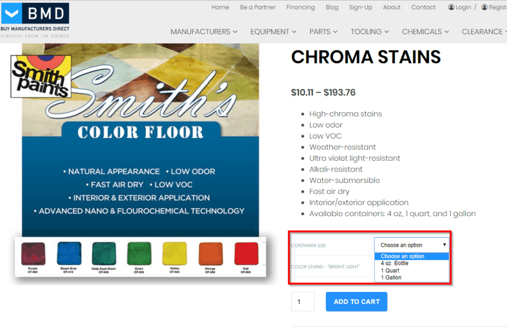 product size example for an ecommerce website